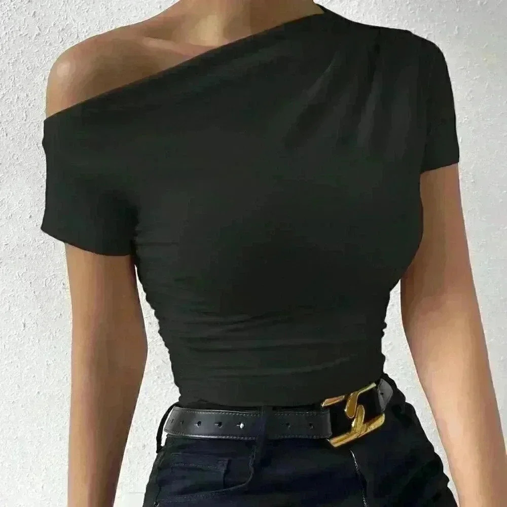 Black Casual Women's Solid Asymmetrical Neck Ruched Tee